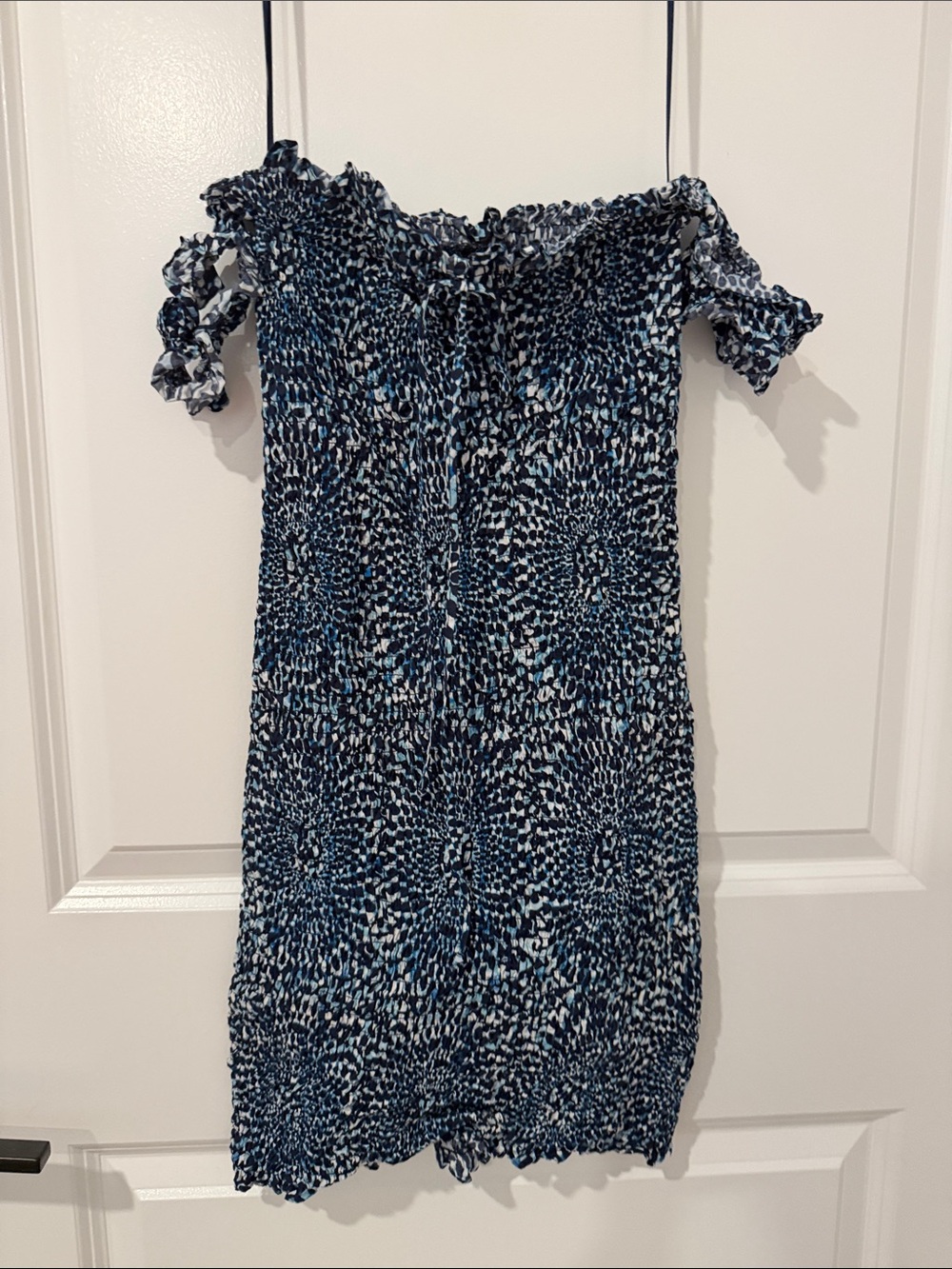 Free People Blue and White Smocked Off-Shoulder Mini Dress